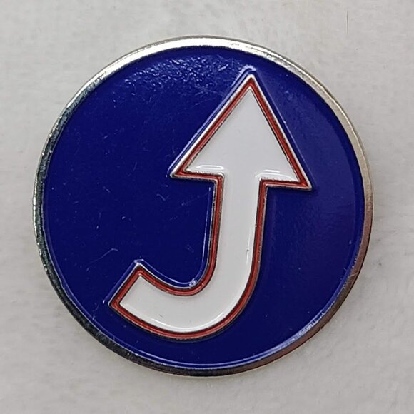 Unknown Arrow Logo Enamel Pin White Red Blue J Shape Direction Change Turn - Picture 2 of 5